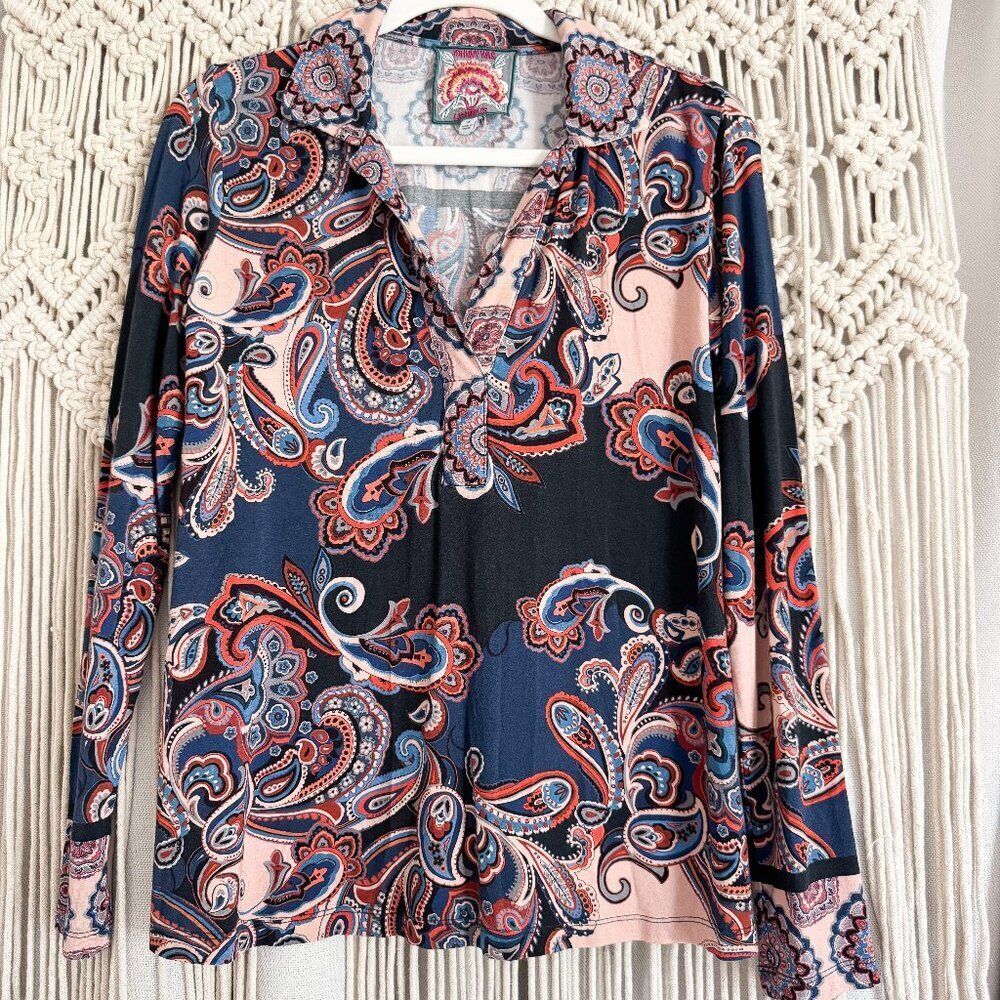 Johnny Was Paisley Print Long Sleeve Blouse XS Boho Luxe Resort Top